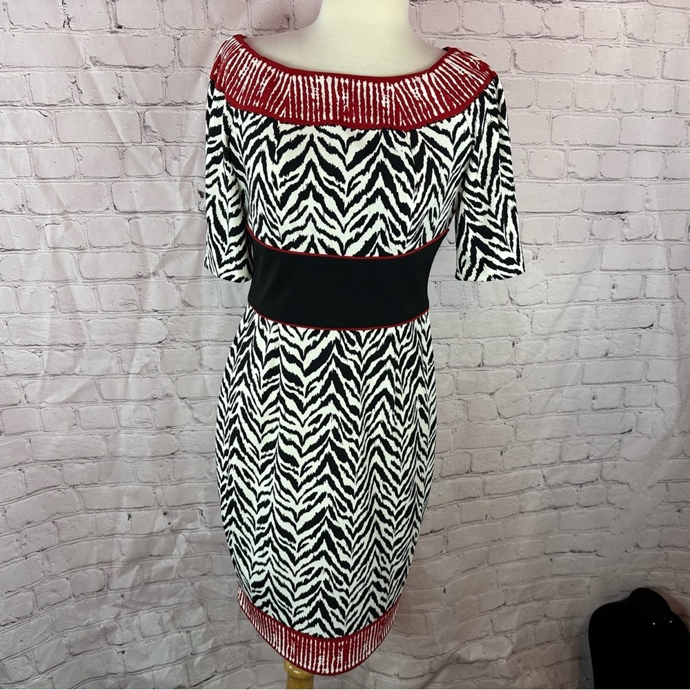 Maggy London Zebra print sheath midi Dress womens 8 Red trim boat neck